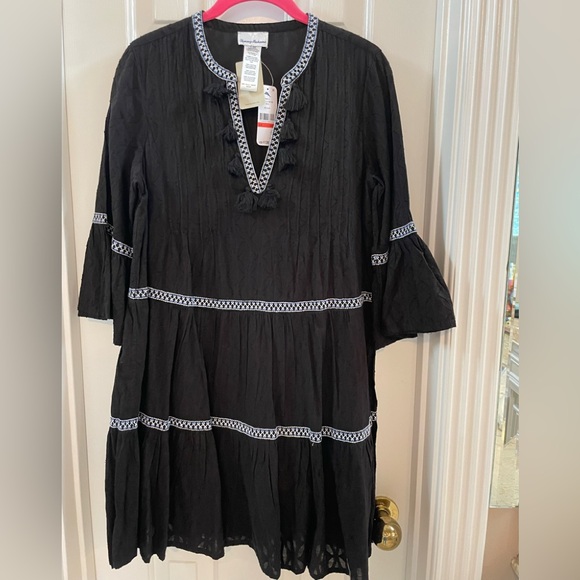 tommy bahama cotton clip embroidered tier dress Chiara Black Lace Panel Pleated Midi Dress